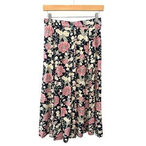 VINTAGE Michael Taylor Floral Midi Skirt Button Front Black Pink Cottagecore